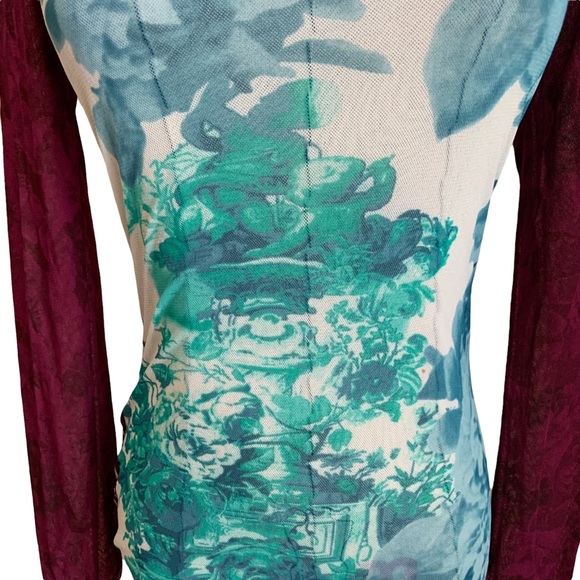 Y2k 90s Express Mesh Stretch Long Sleeve Top Angels Floral Westwood Gaultier - Picture 3 of 7